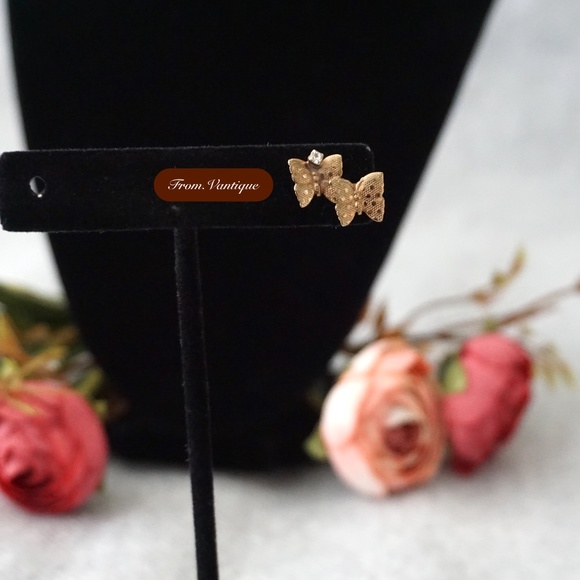 🦋 VINTAGE 2 Rose Gold Butterflies with Crystal Earring / Pin 🧷 - Picture 2 of 6